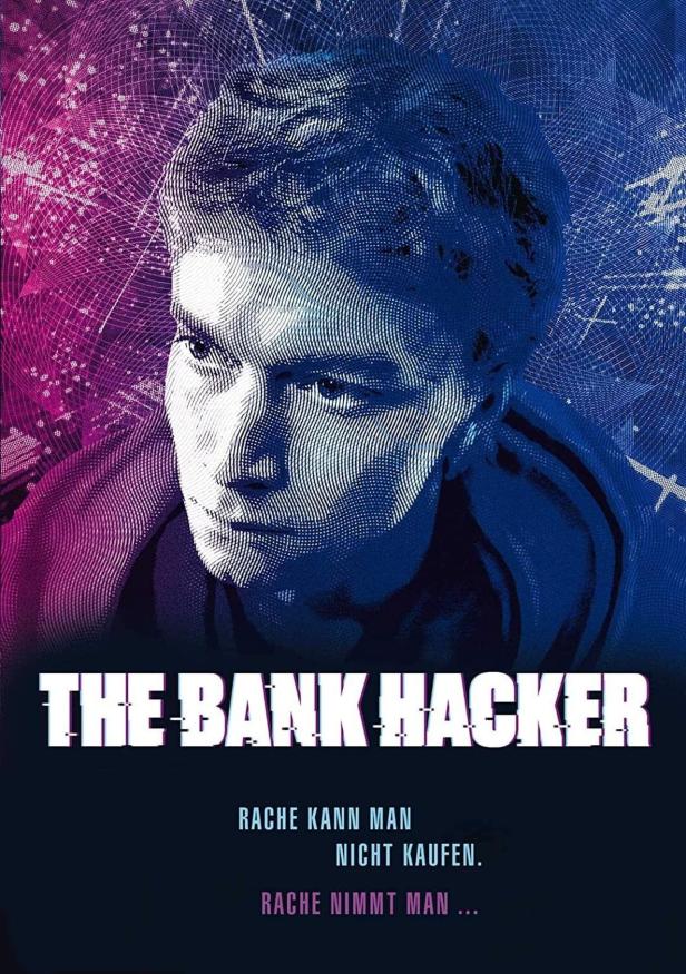 Das stilisierte Filmplakat für „The Bank Hacker“ zeigt das Gesicht eines jungen Mannes vor einem digitalen Hintergrund.