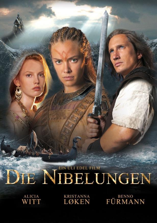 Das Filmplakat für „Die Nibelungen“ zeigt Kristanna Løken mit Schwert, Alicia Witt und Benno Fürmann.