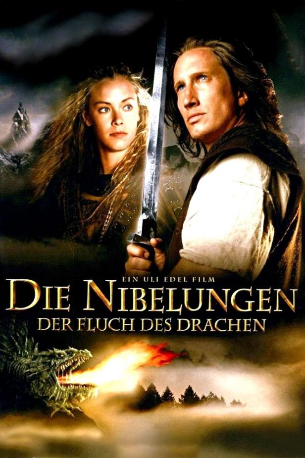 Das Filmplakat für „Die Nibelungen – Der Fluch des Drachen“ zeigt ein Paar und einen Drachen.