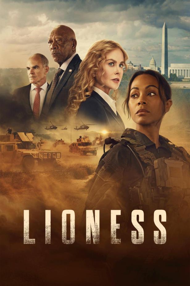 Das Filmplakat für „Lioness“ zeigt Schauspieler vor dem Hintergrund von Militärfahrzeugen und dem Washington Monument.