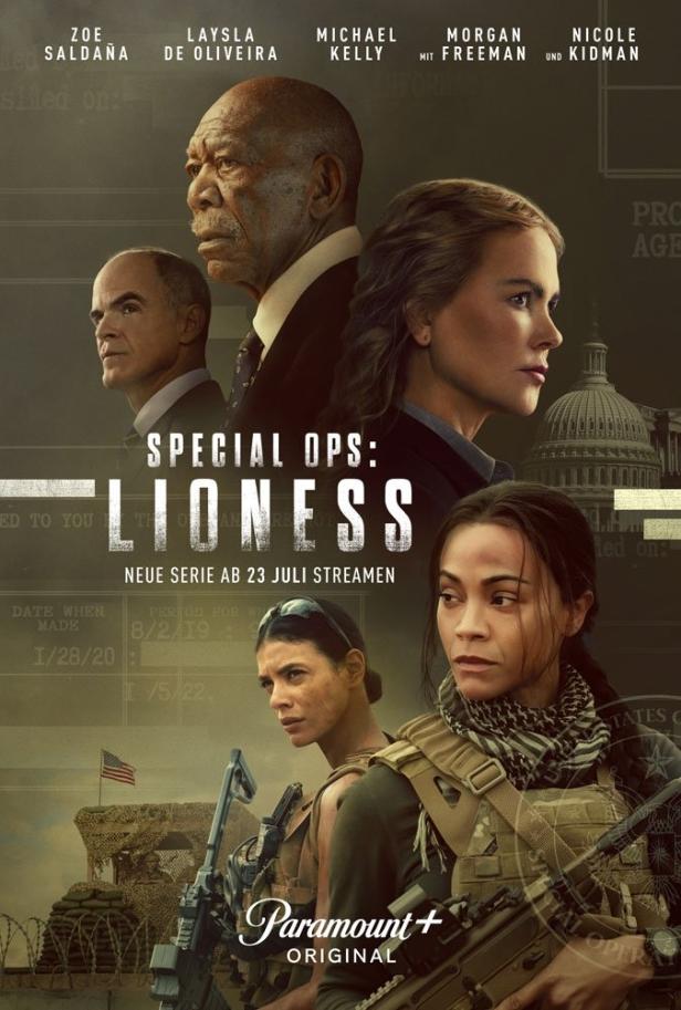 Das Poster für die neue Serie „Special Ops: Lioness“ mit Zoe Saldana, Morgan Freeman und Nicole Kidman.