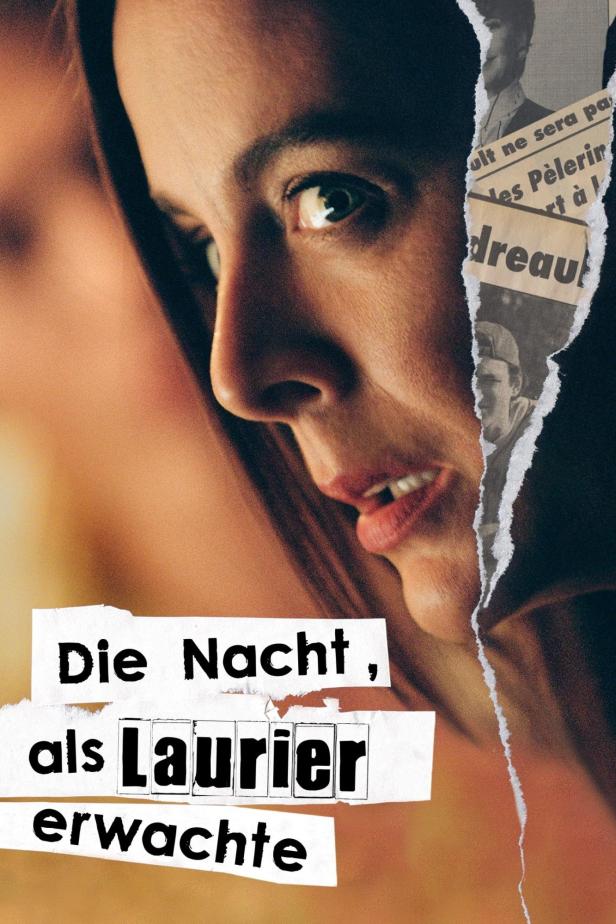Das Filmplakat für „Die Nacht, als Laurier erwachte“ zeigt das Gesicht einer Frau neben Zeitungsausschnitten.