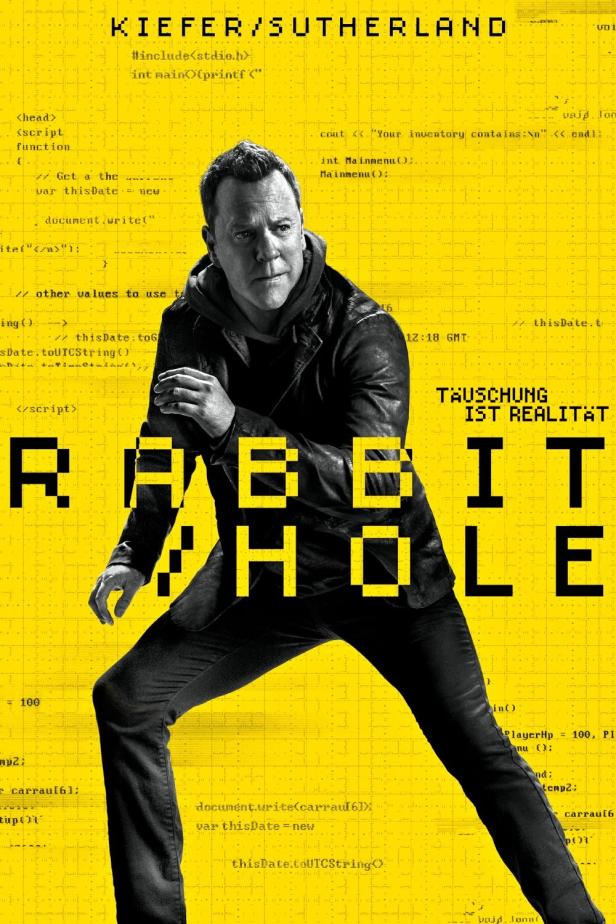 Das Poster für die Serie „Rabbit Hole“ mit Kiefer Sutherland vor einem gelben Code-Hintergrund.