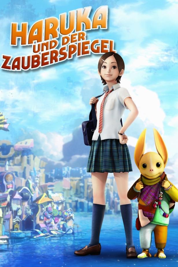 Das Filmplakat für „Haruka und der Zauberspiegel“ zeigt ein junges Mädchen und eine gelbe Kreatur vor einer fantastischen Stadt.