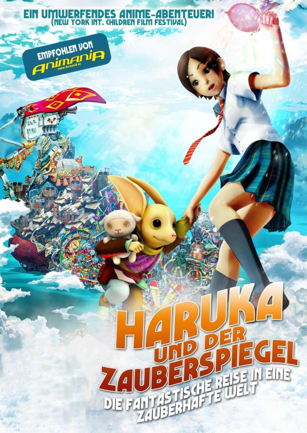 Das Filmplakat für „Haruka und der Zauberspiegel“ zeigt ein junges Mädchen mit einem Hasen und einem Schaf vor einer fantastischen Stadt.