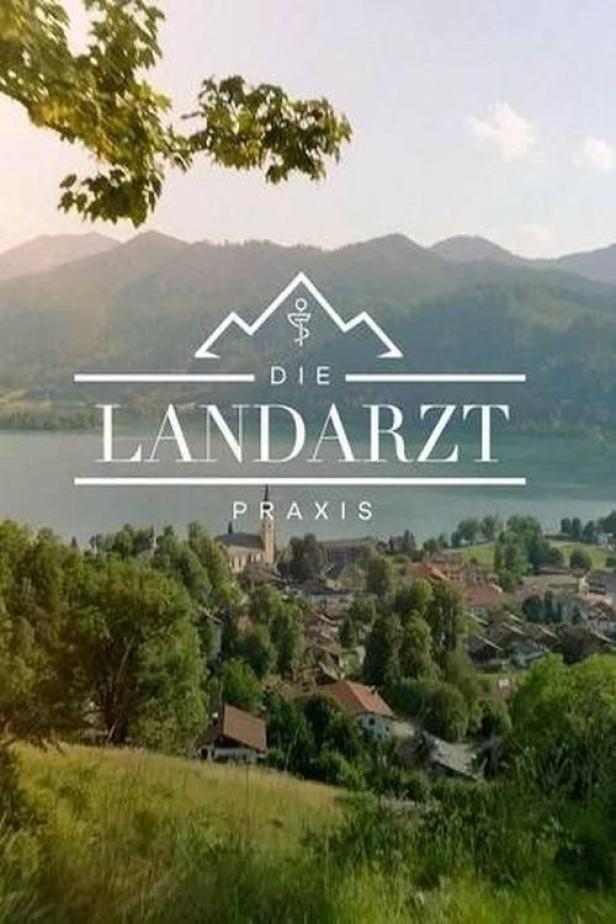 Logo der Landarztpraxis vor einer malerischen Landschaft mit See und Bergen.