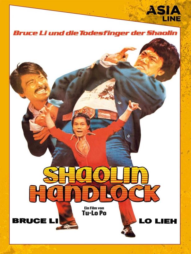 Das Filmplakat für „Bruce Li und die Todesfinger der Shaolin“ zeigt drei Männer in Kampfpose.