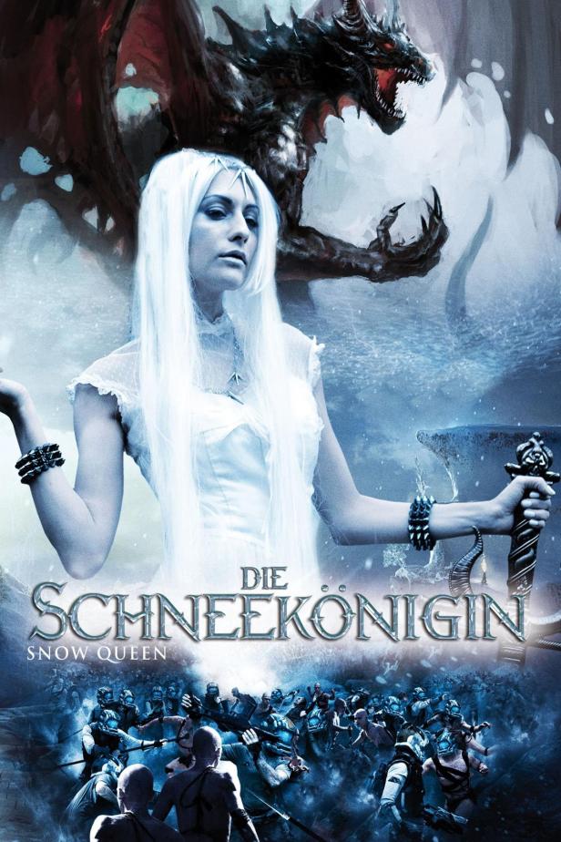 Das Filmplakat für „Die Schneekönigin“ zeigt eine Frau mit weißem Haar und einen Drachen.