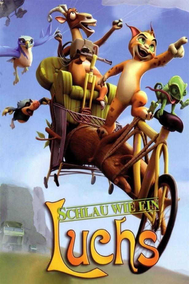 Das animierte Filmplakat für „Schlau wie ein Luchs“ zeigt verschiedene Tiere auf einem Fahrrad.