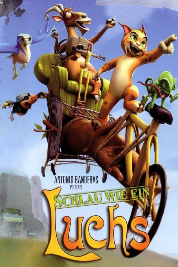 Das animierte Filmplakat für „Schlau wie ein Luchs“ zeigt eine abenteuerliche Fahrt mit verschiedenen Tieren.