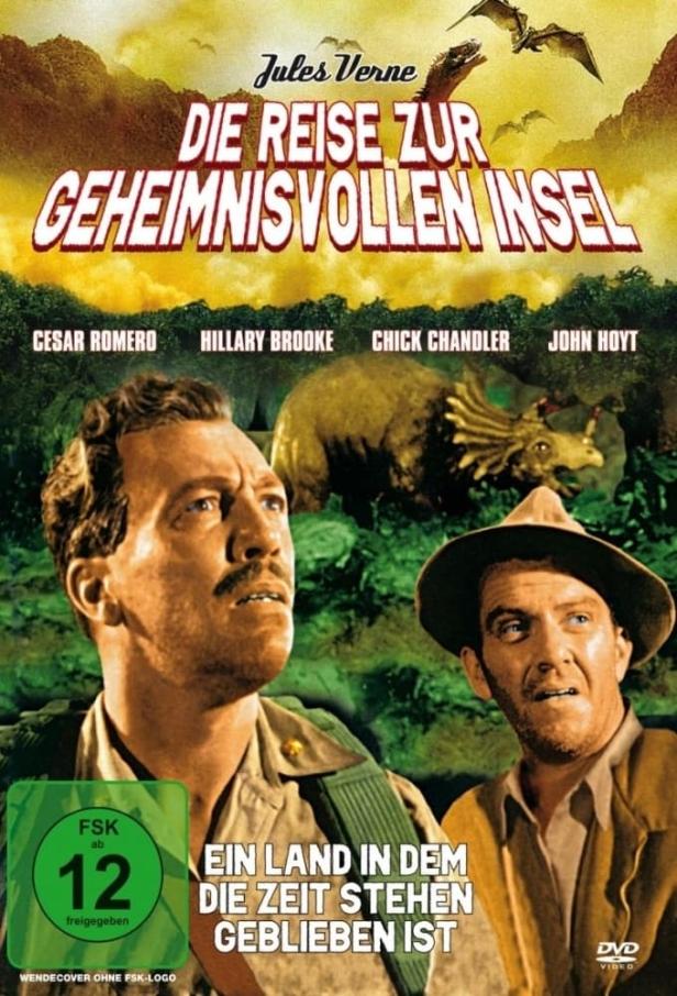 Das Filmplakat für „Die Reise zur geheimnisvollen Insel“ mit Cesar Romero und Dinosauriern.
