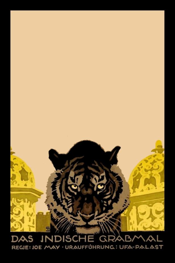 Ein Tiger blickt auf dem Filmplakat zu „Das indische Grabmal“ zwischen goldenen Kuppeln hervor.