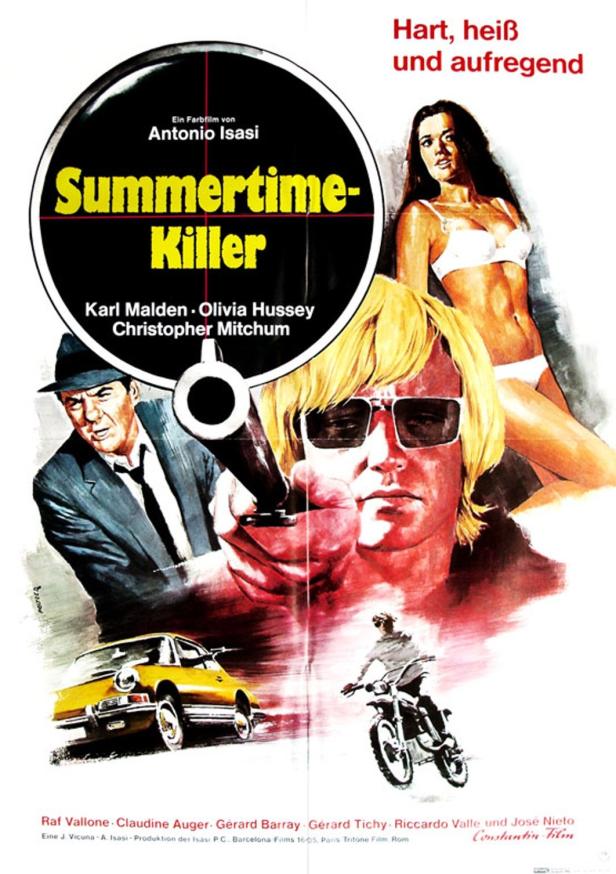 Das Filmplakat für „Summertime Killer“ zeigt mehrere Schauspieler und ein gelbes Auto.