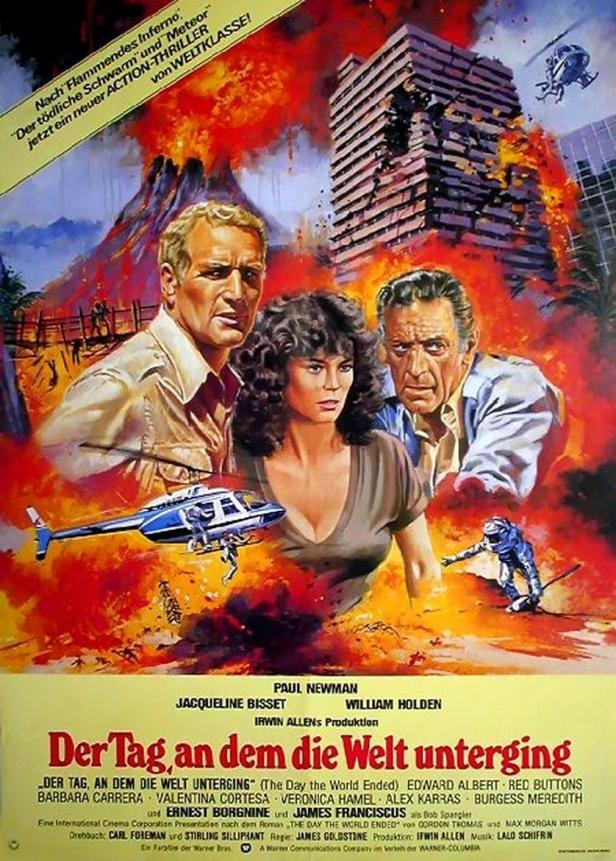 Das Filmplakat zeigt Paul Newman, Jacqueline Bisset und William Holden vor einer zerstörerischen Szenerie für „Der Tag, an dem die Welt unterging“.