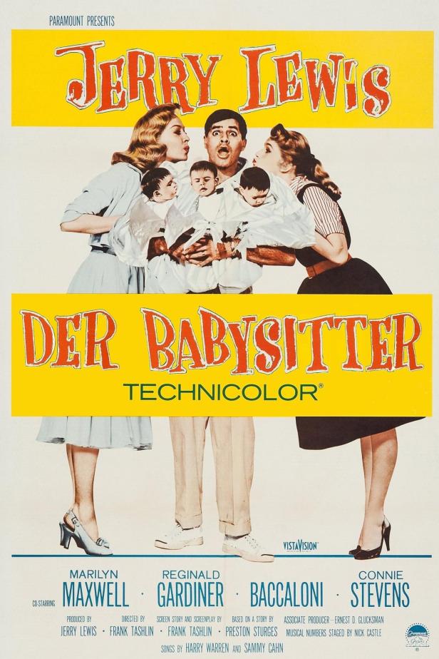 Das Filmplakat zu „Der Babysitter“ mit Jerry Lewis, umgeben von Babys und zwei Frauen.
