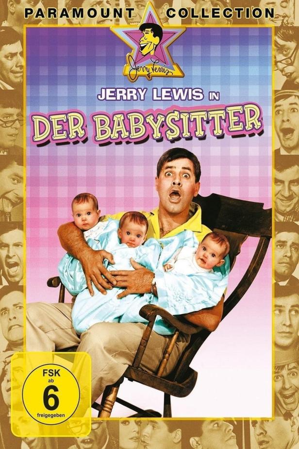 Das Filmplakat zu „Der Babysitter“ mit Jerry Lewis, der drei Babys im Arm hält.