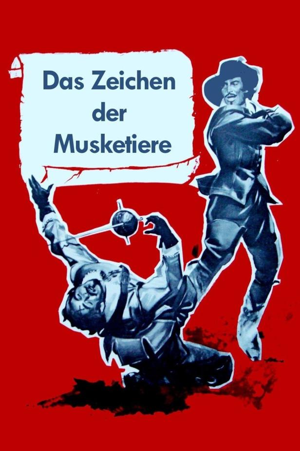 Ein Filmposter für „Das Zeichen der Musketiere“ zeigt zwei duellierende Männer.