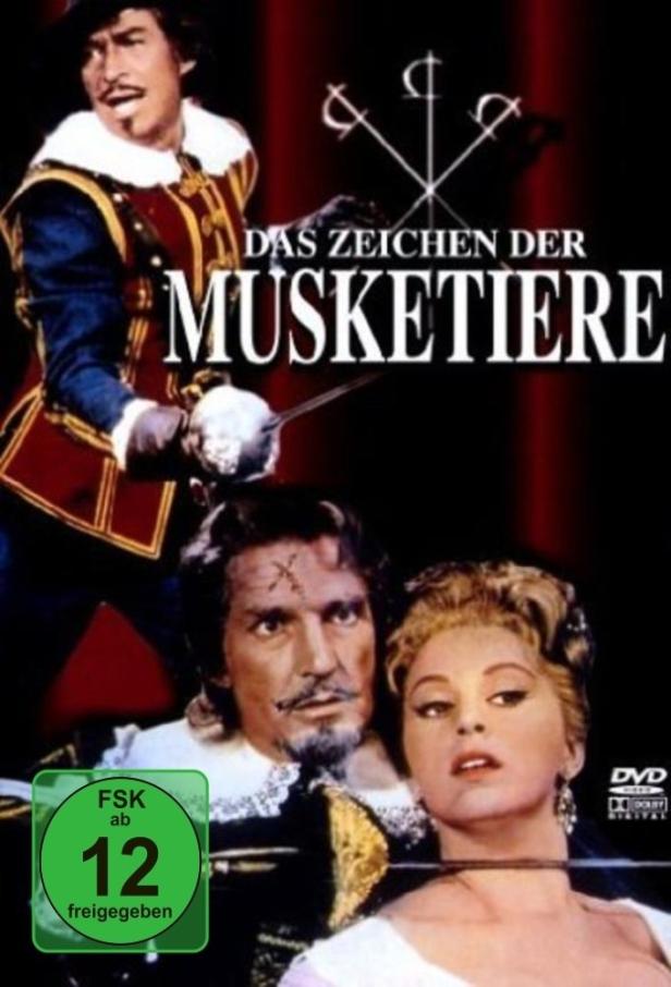 Das Filmplakat für „Das Zeichen der Musketiere“ zeigt Schauspieler in Kostümen.