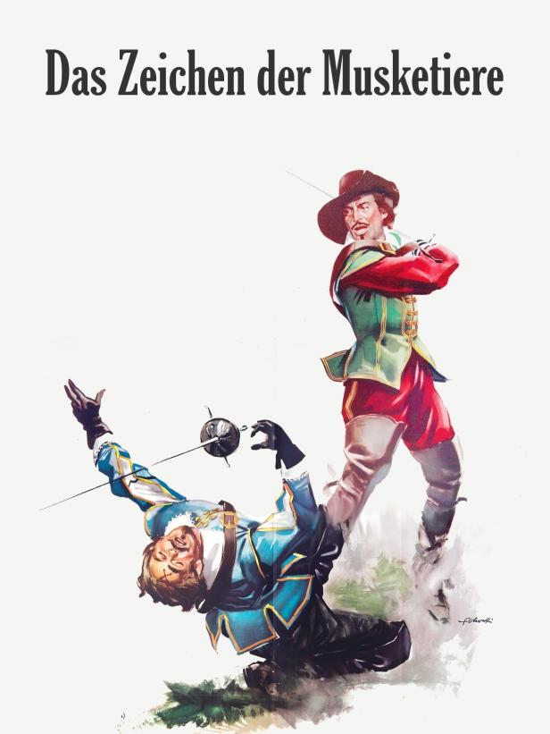 Zwei Musketiere kämpfen mit Degen, einer am Boden, der andere stehend.