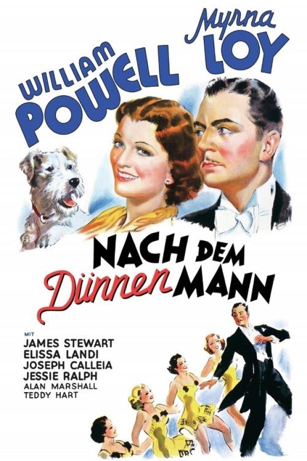 Das Filmplakat für „Nach dem dünnen Mann“ mit William Powell, Myrna Loy und einem Hund.