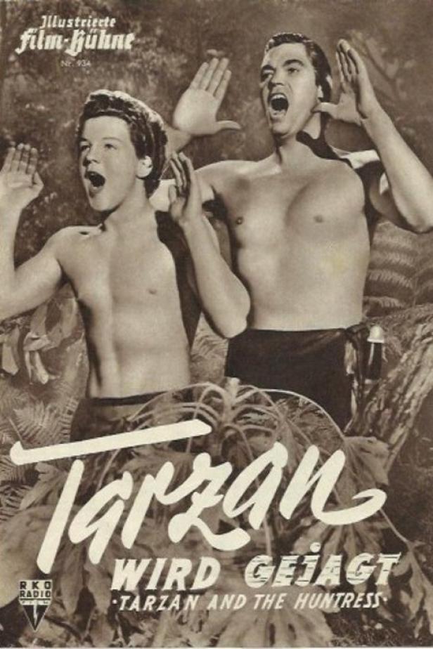 Ein Filmposter für „Tarzan wird gejagt“ mit Tarzan und einem Jungen, beide mit erhobenen Händen und geöffneten Mündern.
