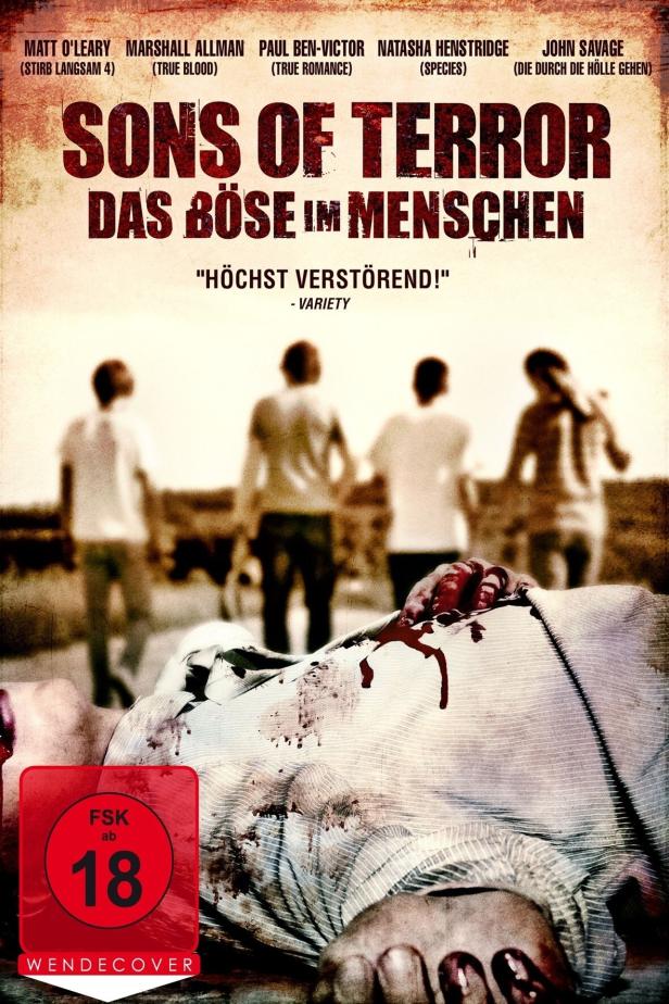 Das Filmplakat für „Sons of Terror“ zeigt eine Leiche und vier Personen im Hintergrund.