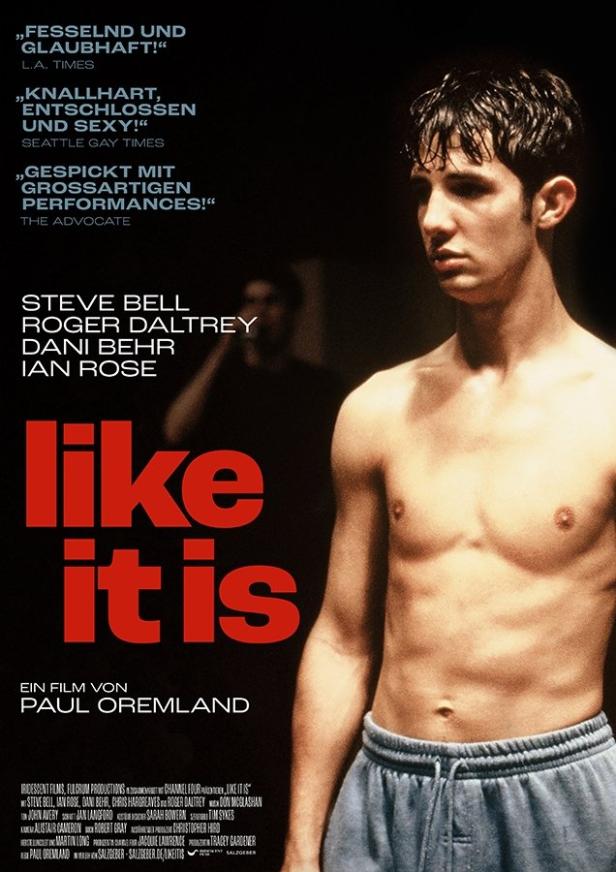 Das Filmplakat für „Like It Is“ zeigt einen jungen Mann mit freiem Oberkörper.