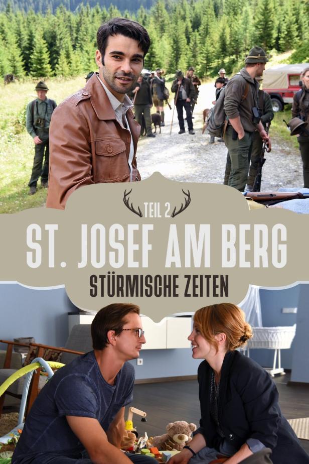 Das Poster für „St. Josef am Berg – Stürmische Zeiten“ zeigt Szenen mit Jägern und einer jungen Familie.
