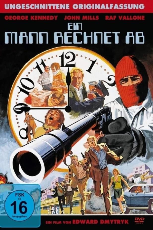Das Filmplakat für „Ein Mann rechnet ab“ zeigt einen Mann mit Sturmhaube und eine Verfolgungsjagd vor einer Uhr.