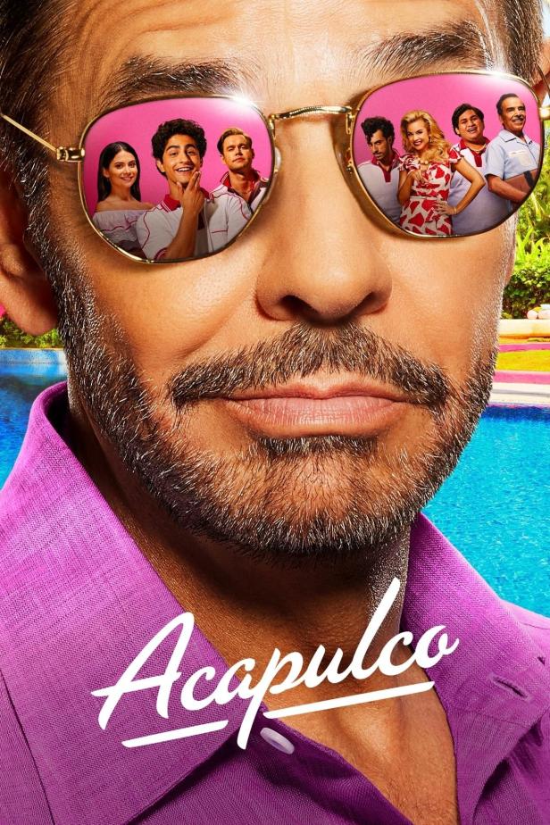 Nahaufnahme des Posters für die Serie „Acapulco“, in der sich die Besetzung in der Sonnenbrille einer Figur spiegelt.