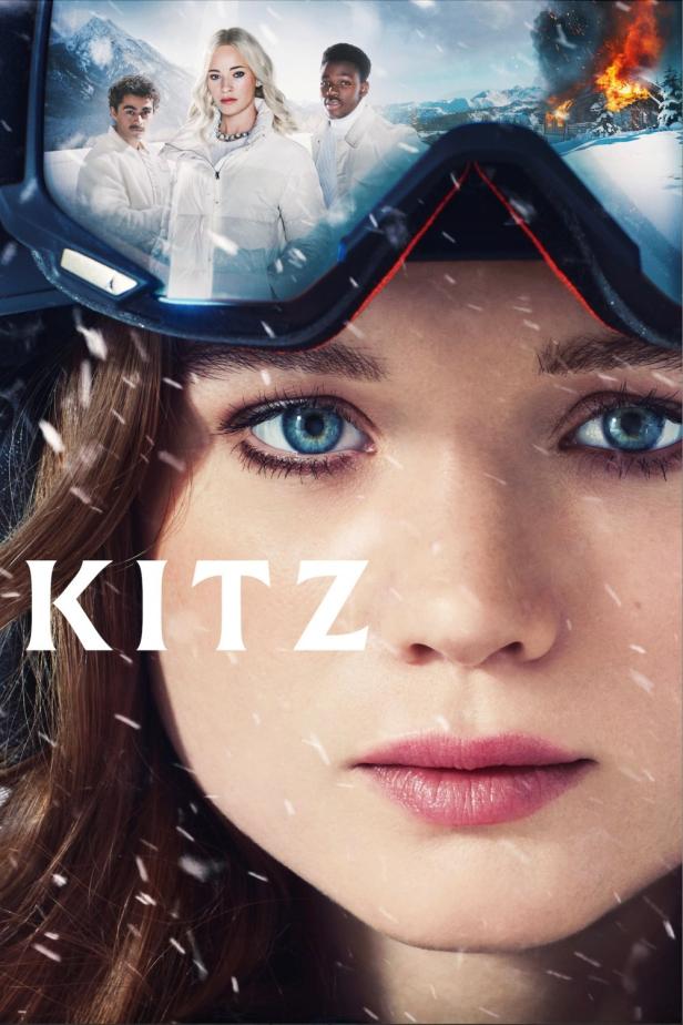Das Filmplakat für die Serie „Kitz“ zeigt eine junge Frau mit Skibrille vor verschneiter Bergkulisse.