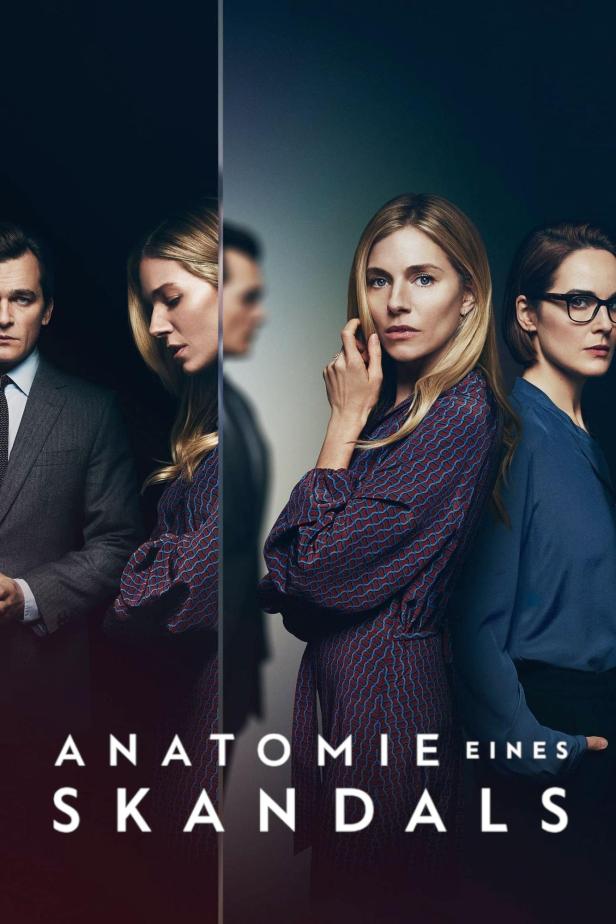Das Filmplakat zu „Anatomie eines Skandals“ zeigt drei Hauptdarsteller vor dunklem Hintergrund.