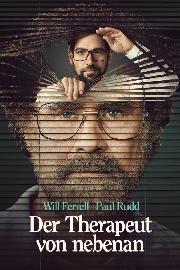Das Filmplakat für „Der Therapeut von nebenan“ zeigt Will Ferrell und Paul Rudd durch Jalousien.