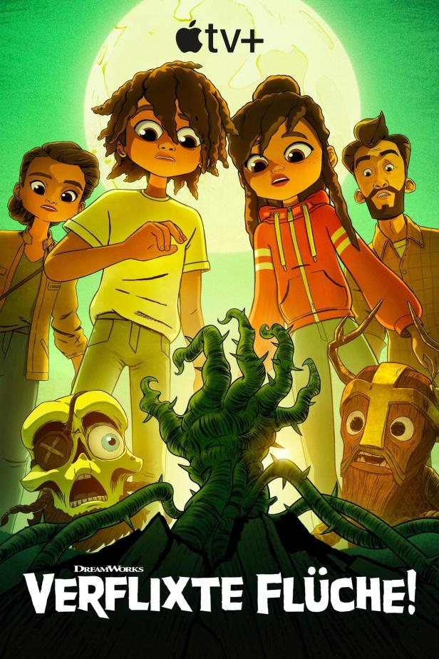 Das animierte Filmplakat für „Verflixte Flüche!“ zeigt eine Gruppe von Kindern und verfluchte Artefakte.