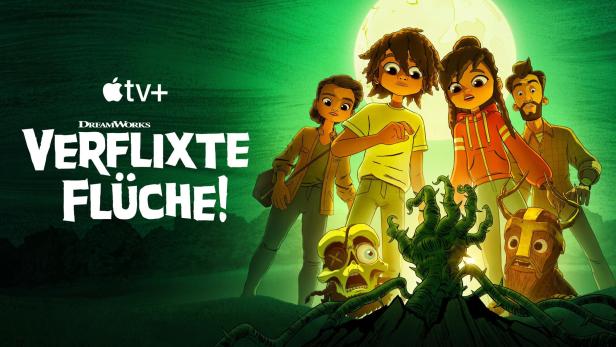 Das animierte Poster für „Verflixte Flüche!“ zeigt drei Kinder vor einem Vollmond und gruseligen Kreaturen.