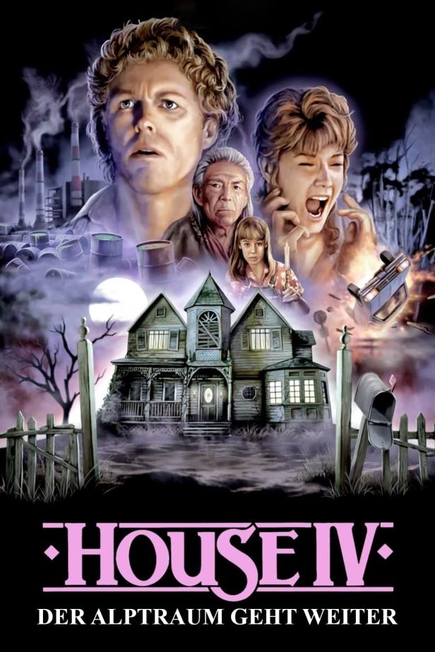 Das Filmplakat für „House IV: Der Alptraum geht weiter“ zeigt ein unheimliches Haus und verängstigte Menschen.