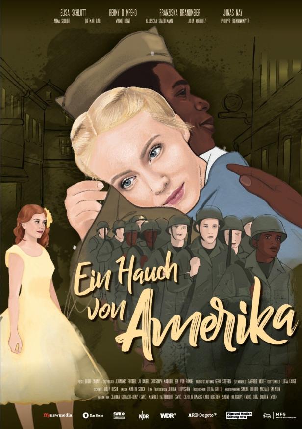 Das Filmplakat zu „Ein Hauch von Amerika“ zeigt eine blonde Frau und einen schwarzen GI.