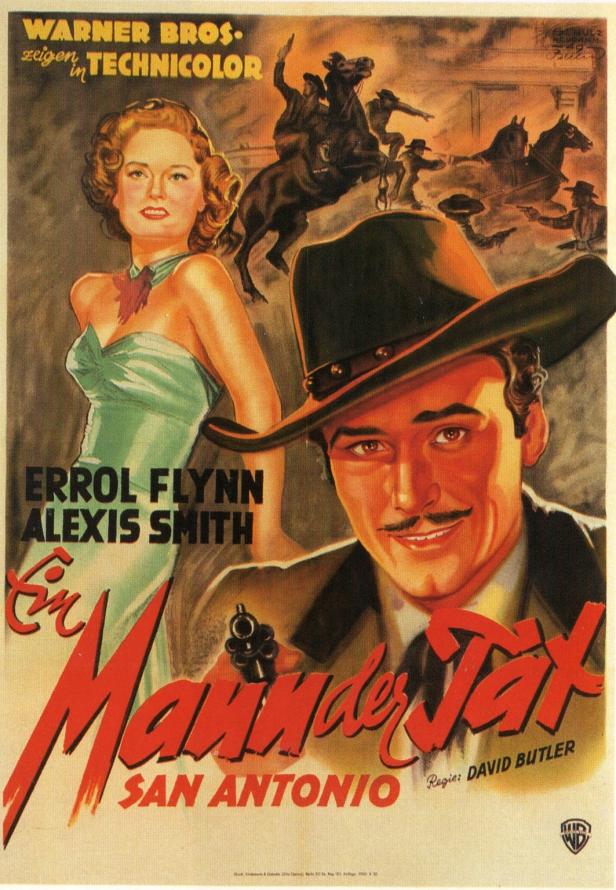 Das Filmplakat für „San Antonio“ mit Errol Flynn und Alexis Smith.