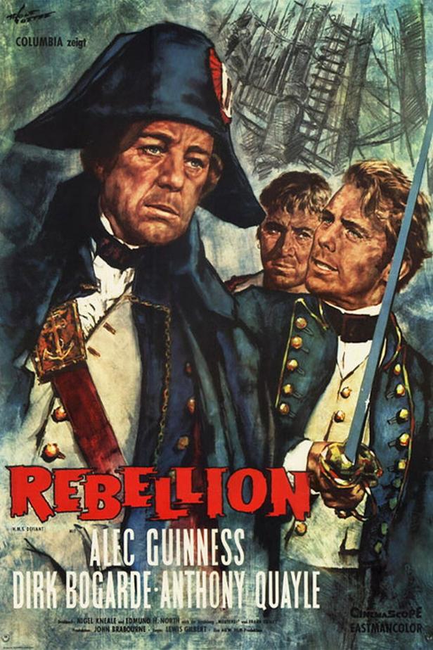 Das Filmplakat für „Rebellion“ zeigt Alec Guinness und Dirk Bogarde in Marineuniformen.