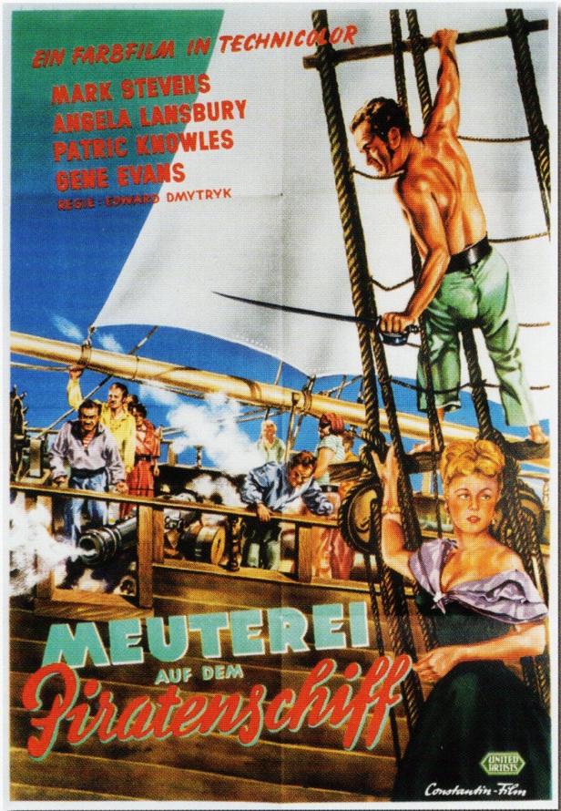 Das Filmplakat für „Meuterei auf dem Piratenschiff“ zeigt eine Szene auf einem Segelschiff.