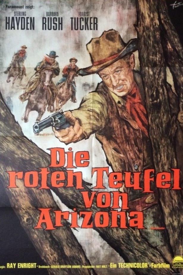 Ein Filmposter für „Die roten Teufel von Arizona“ mit einem Cowboy, der eine Waffe zieht.