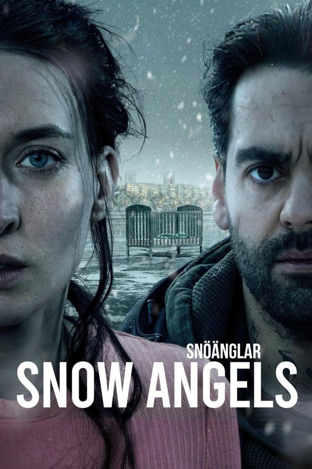 Das Filmplakat für „Snow Angels“ zeigt eine Frau und einen Mann vor einer verschneiten Stadtlandschaft.