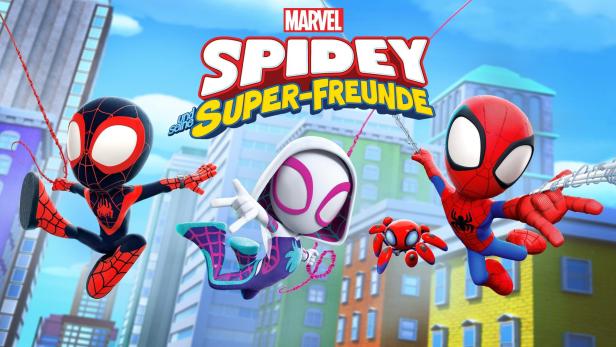 Die animierten Spider-Man-Charaktere Miles Morales, Spider-Gwen und Peter Parker vor einem Stadthintergrund.