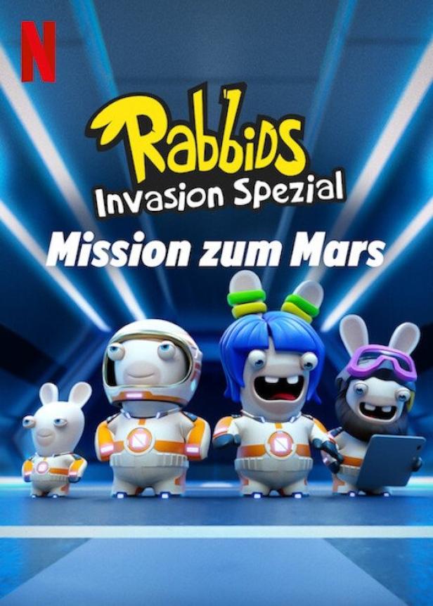 Das Poster für „Rabbids Invasion Spezial: Mission zum Mars“ zeigt vier Rabbids in Raumanzügen.