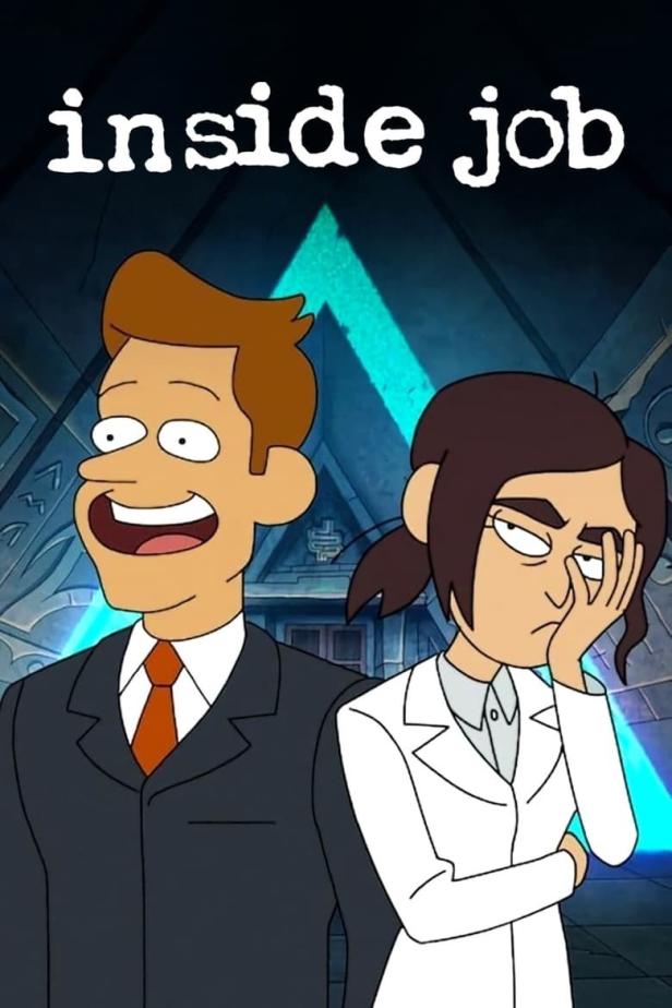 Das animierte Logo und zwei Charaktere aus der Serie „Inside Job“.