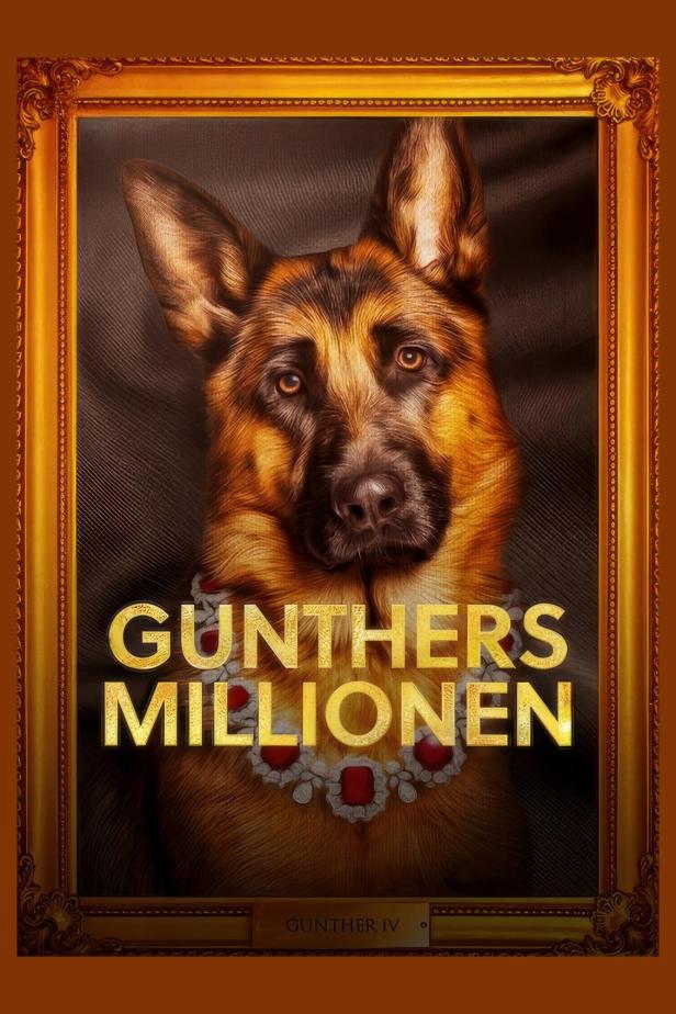 Ein Porträt von Gunther IV., einem Deutschen Schäferhund, mit einer Halskette in einem goldenen Rahmen.