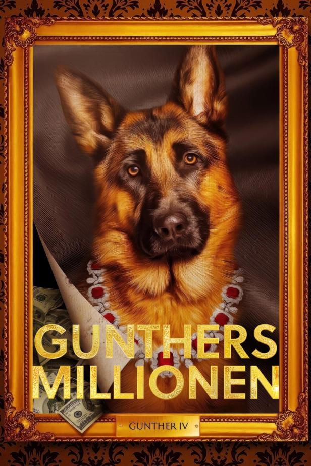 Ein Porträt von Gunther IV., einem Deutschen Schäferhund, mit einer Halskette und dem Titel „Gunthers Millionen“.