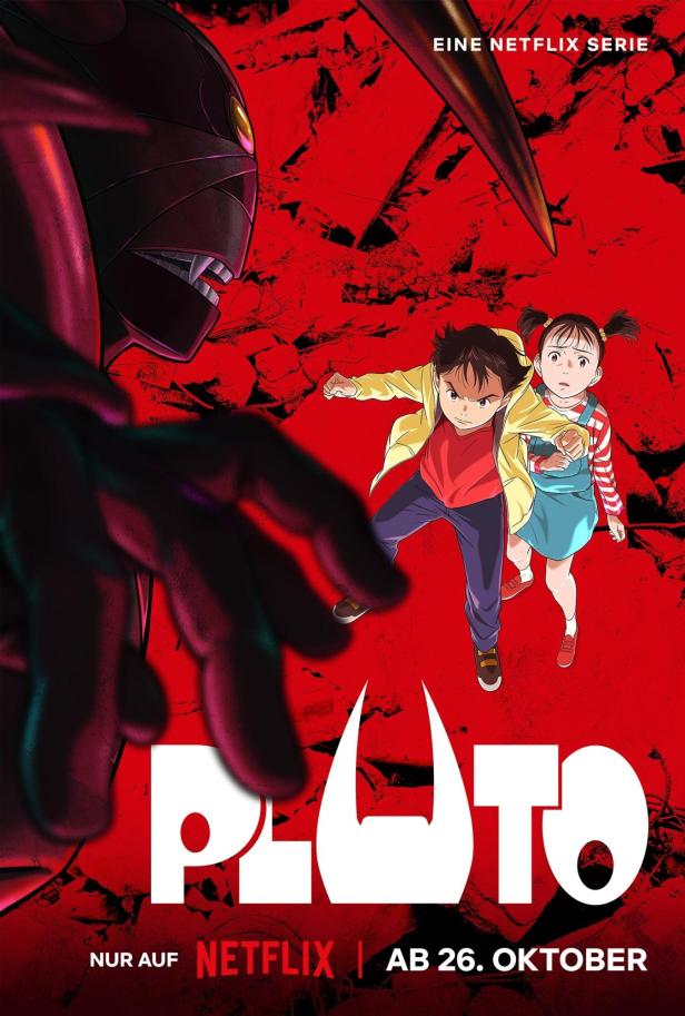 Ein Junge und ein Mädchen fliehen vor einem großen Roboter auf dem Poster für die Netflix-Serie „Pluto“.