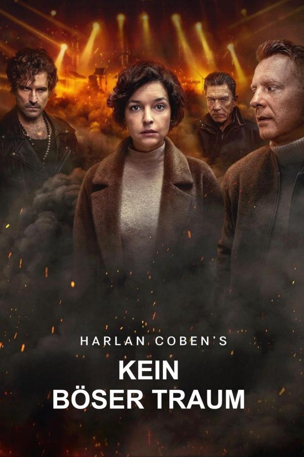 Das Filmplakat für Harlan Cobens „Kein böser Traum“ zeigt vier Personen vor einem Bühnenhintergrund.