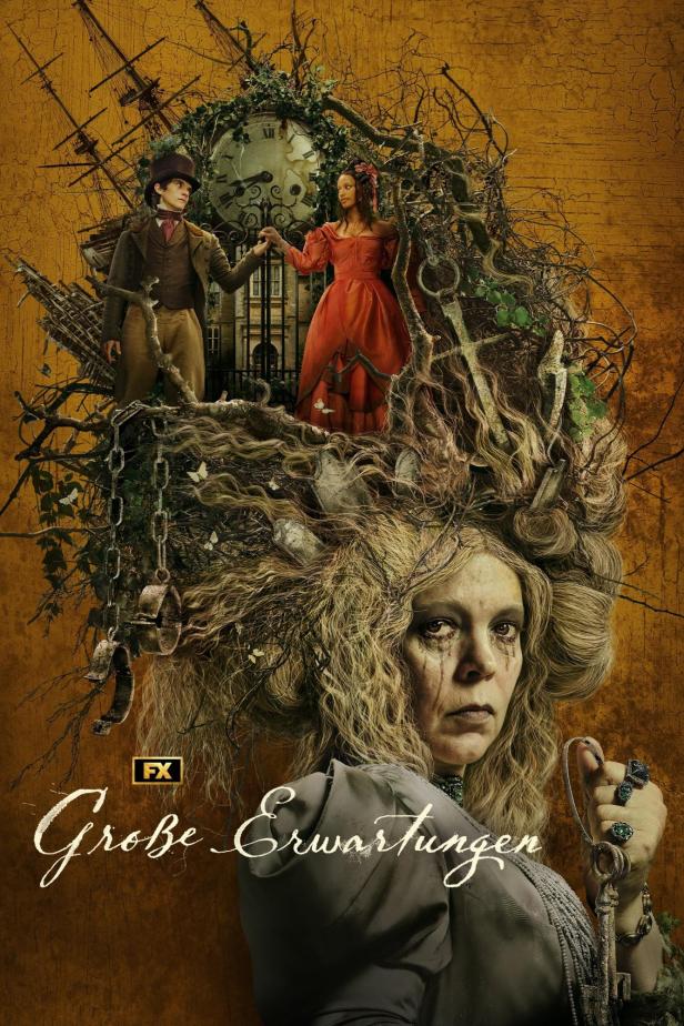 Das Poster für „Große Erwartungen“ zeigt eine Frau mit einem Schlüssel und zwei Personen vor einer Uhr.